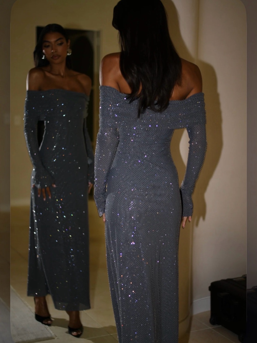 Meshki Off-Shoulder Sparkle Maxi Dress in Charcoal Gray